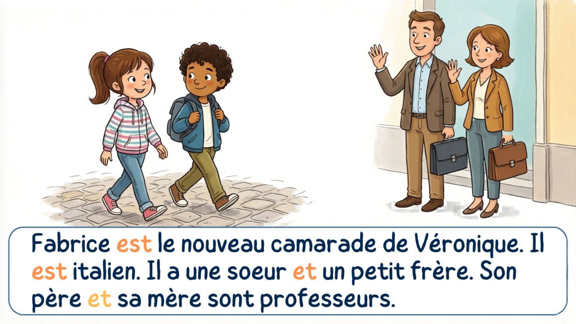Fabrice est le nouveau camarade de Véronique. Il est italien. Il a une soeur et un petit frère. Son père et sa mère sont professeurs. Illustration d'une fille et d'un garçon qui marchent vers l'école, et d'un couple d'enseignants qui salue.